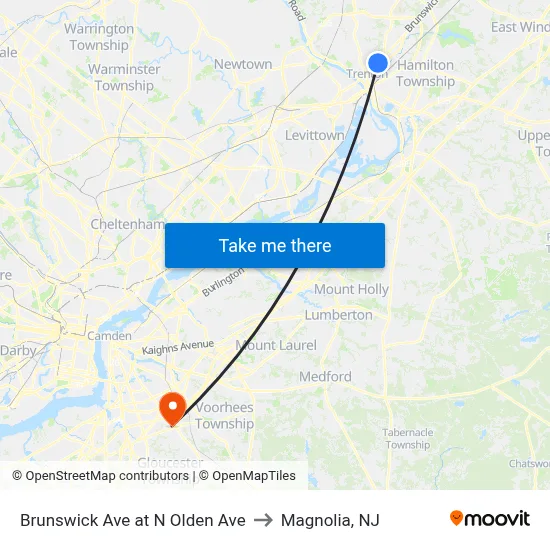 Brunswick Ave at N Olden Ave to Magnolia, NJ map