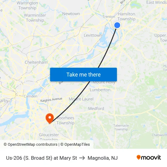 Us-206 (S. Broad St) at Mary St to Magnolia, NJ map