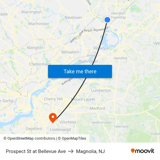 Prospect St at Bellevue Ave to Magnolia, NJ map