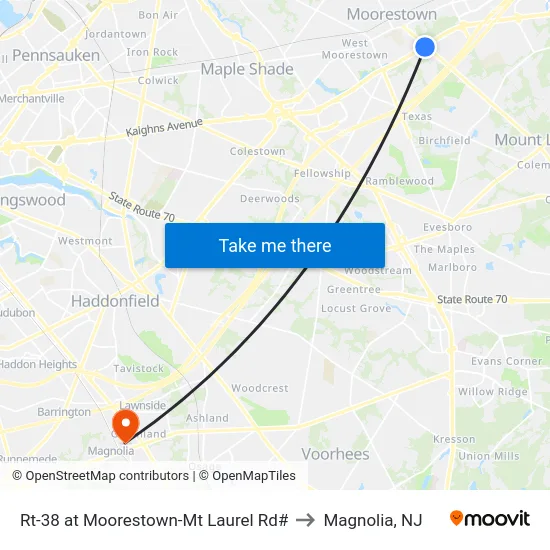 Rt-38 at Moorestown-Mt Laurel Rd# to Magnolia, NJ map
