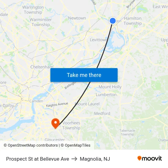 Prospect St at Bellevue Ave to Magnolia, NJ map