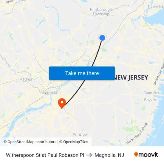 Witherspoon St at Paul Robeson Pl to Magnolia, NJ map