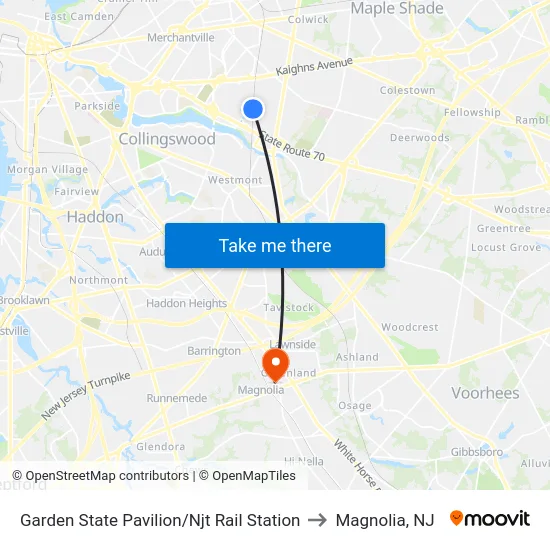 Garden State Pavilion/Njt Rail Station to Magnolia, NJ map