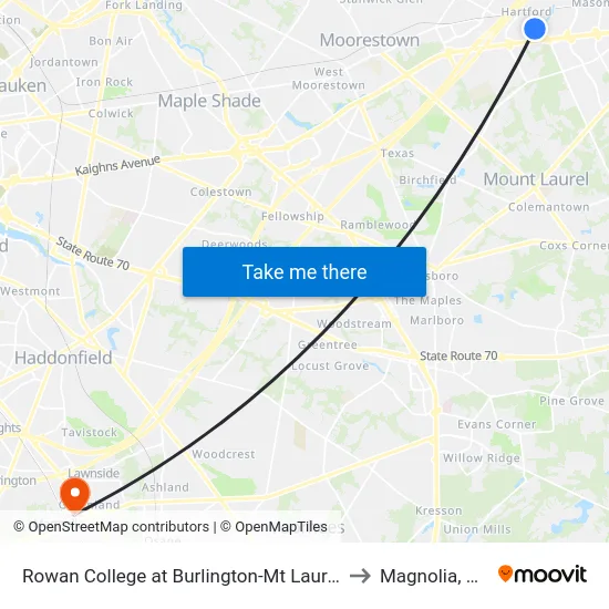 Rowan College at Burlington-Mt Laurel to Magnolia, NJ map
