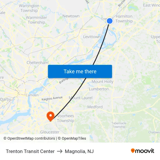 Trenton Transit Center to Magnolia, NJ map