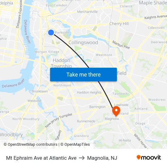 Mt Ephraim Ave at Atlantic Ave to Magnolia, NJ map
