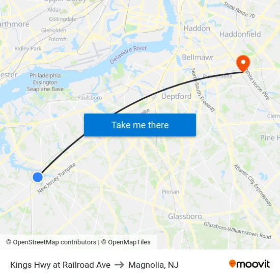 Kings Hwy at Railroad Ave to Magnolia, NJ map