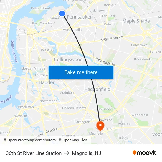 36th St River Line Station to Magnolia, NJ map