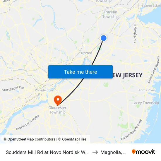 Scudders Mill Rd at Novo Nordisk Way to Magnolia, NJ map