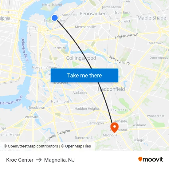 Kroc Center to Magnolia, NJ map