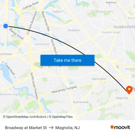Broadway at Market St to Magnolia, NJ map