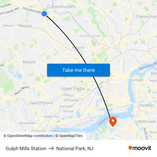 Gulph Mills Station to National Park, NJ map