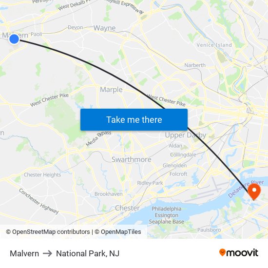 Malvern to National Park, NJ map