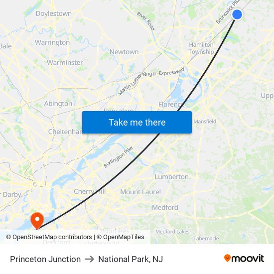 Princeton Junction to National Park, NJ map