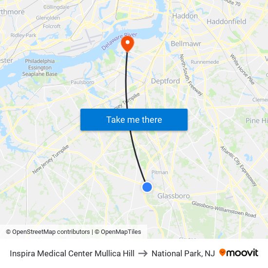 Inspira Medical Center Mullica Hill to National Park, NJ map