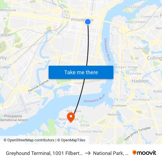 Greyhound Terminal, 1001 Filbert St to National Park, NJ map