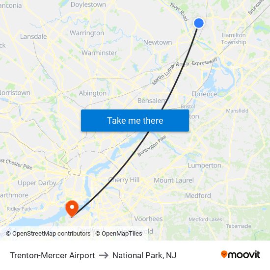 Trenton-Mercer Airport to National Park, NJ map