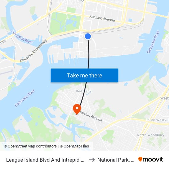 League Island Blvd And Intrepid Ave to National Park, NJ map