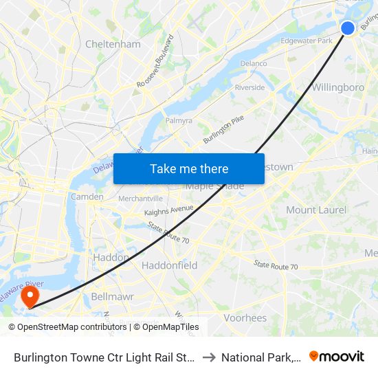 Burlington Towne Ctr Light Rail Station to National Park, NJ map