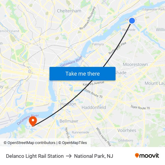 Delanco Light Rail Station to National Park, NJ map