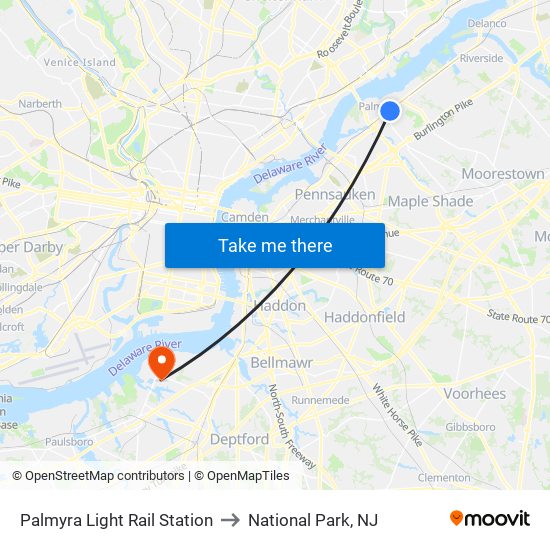 Palmyra Light Rail Station to National Park, NJ map
