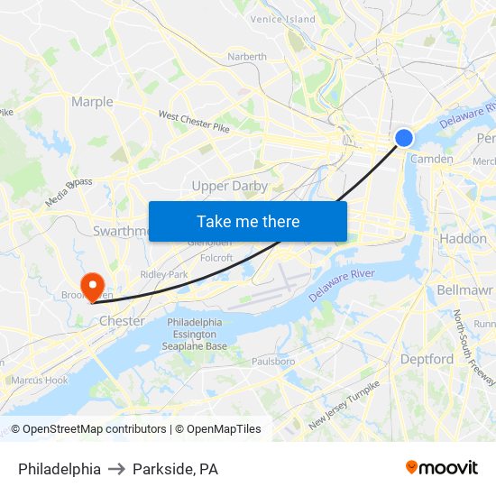 Philadelphia to Parkside, PA map