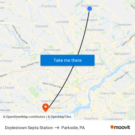 Doylestown Septa Station to Parkside, PA map