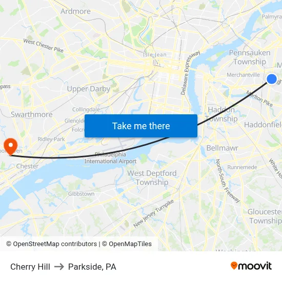 Cherry Hill to Parkside, PA map