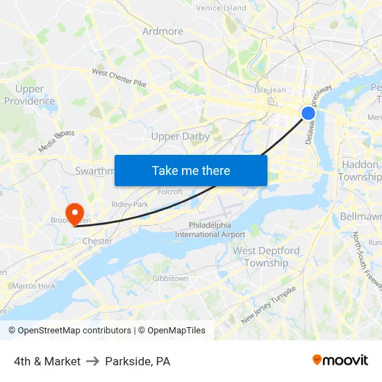 4th & Market to Parkside, PA map