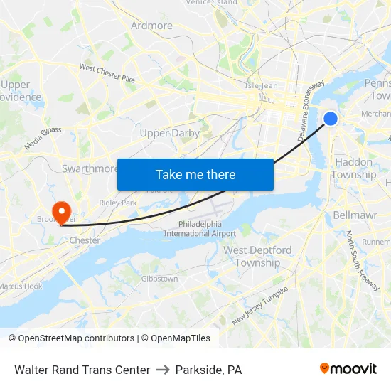 Walter Rand Trans Center to Parkside, PA map