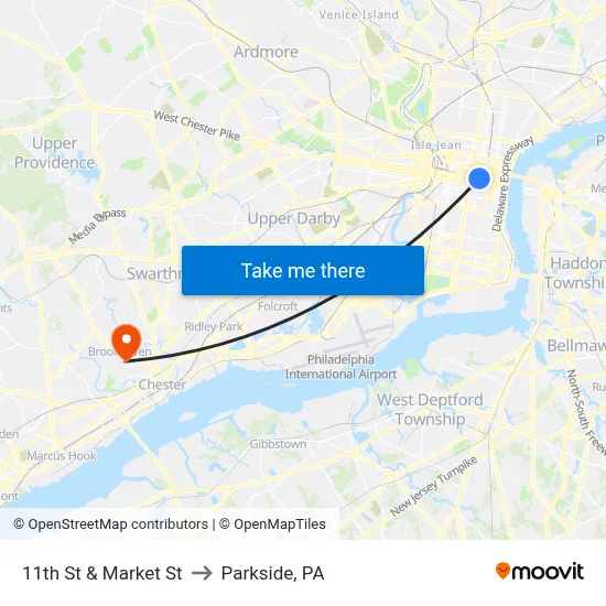 11th St & Market St to Parkside, PA map