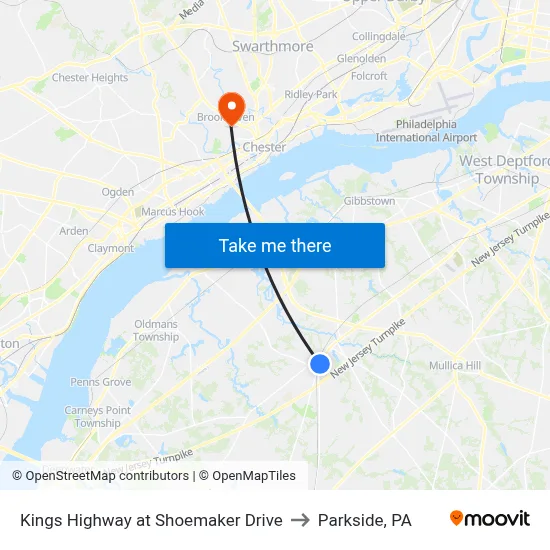 Kings Highway at Shoemaker Drive to Parkside, PA map