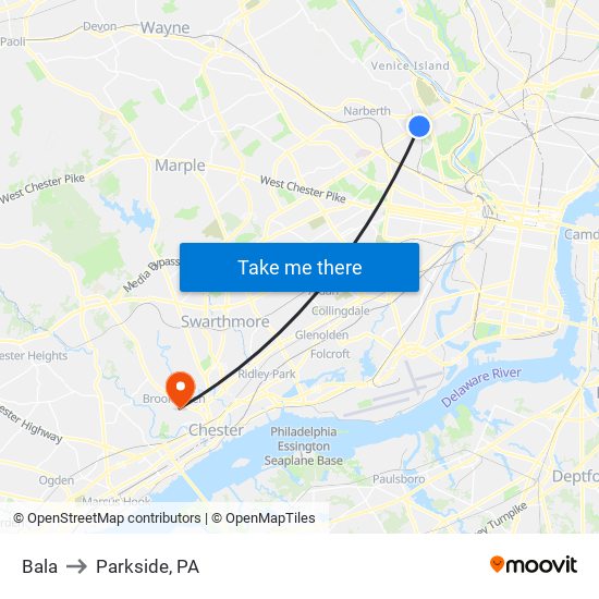 Bala to Parkside, PA map