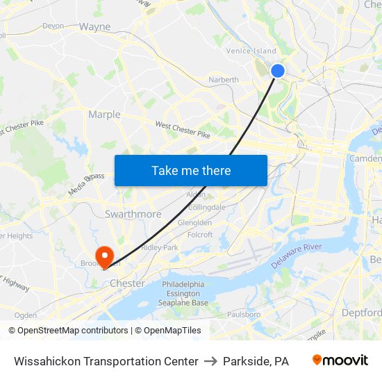 Wissahickon Transportation Center to Parkside, PA map