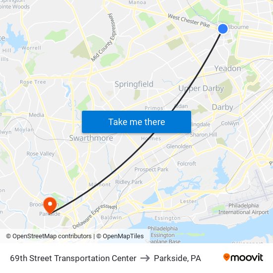 69th Street Transportation Center to Parkside, PA map