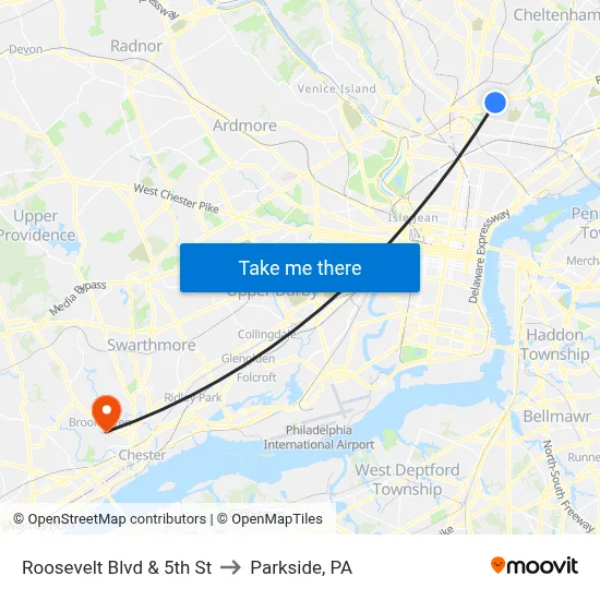 Roosevelt Blvd & 5th St to Parkside, PA map