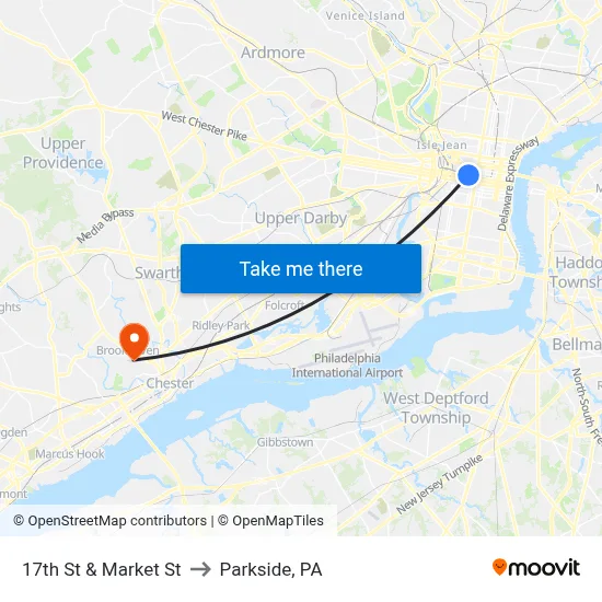 17th St & Market St to Parkside, PA map