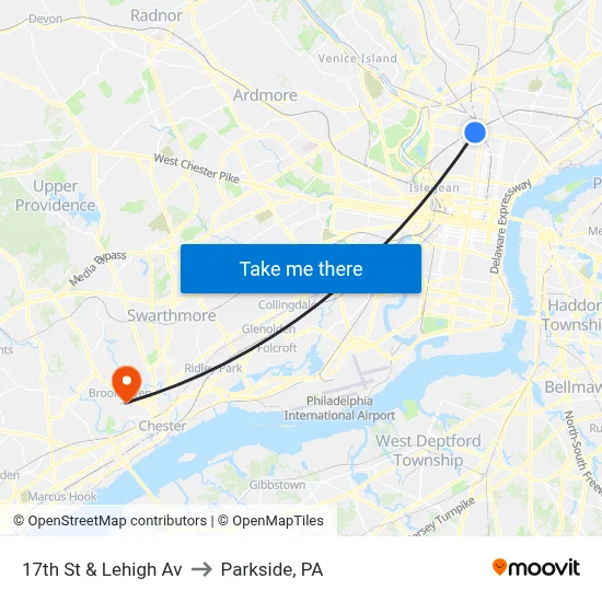 17th St & Lehigh Av to Parkside, PA map