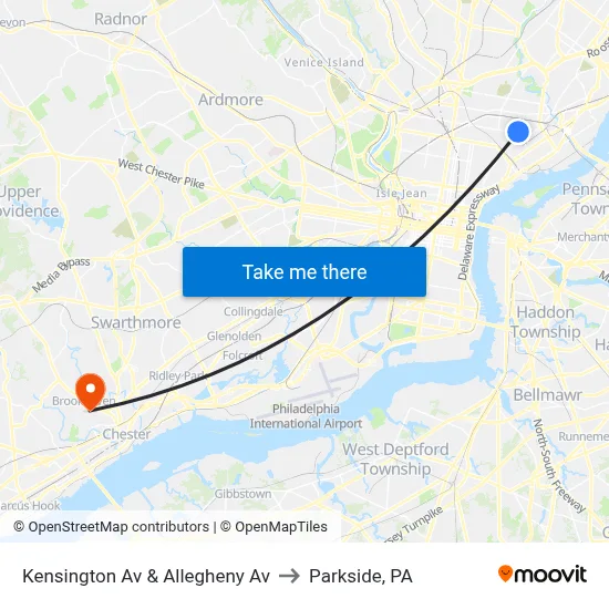 Kensington Av & Allegheny Av to Parkside, PA map