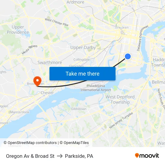 Oregon Av & Broad St to Parkside, PA map