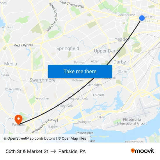 56th St & Market St to Parkside, PA map