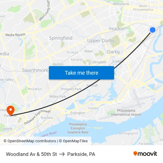 Woodland Av & 50th St to Parkside, PA map