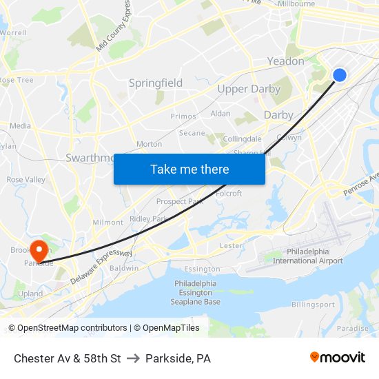 Chester Av & 58th St to Parkside, PA map