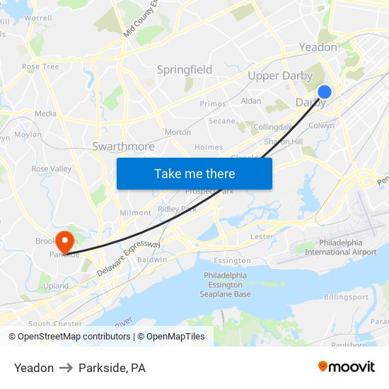 Yeadon to Parkside, PA map