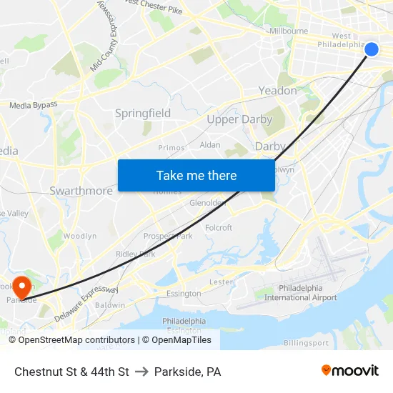Chestnut St & 44th St to Parkside, PA map