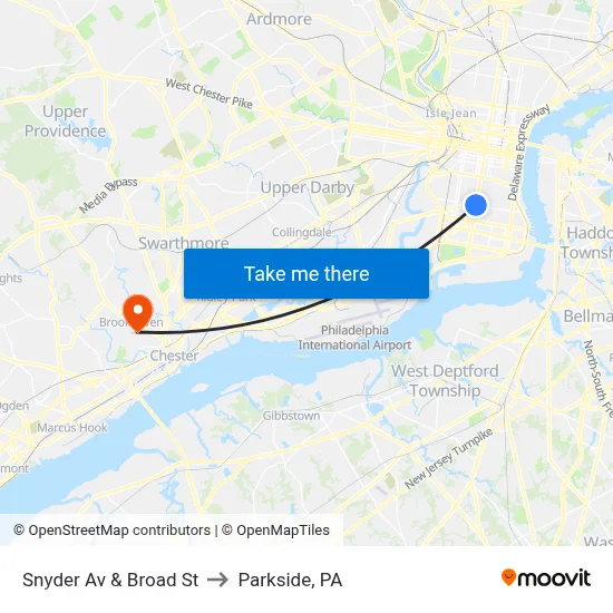 Snyder Av & Broad St to Parkside, PA map