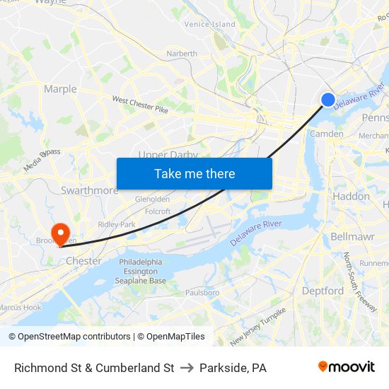 Richmond St & Cumberland St to Parkside, PA map