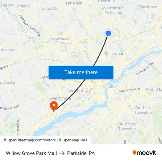 Willow Grove Park Mall to Parkside, PA map