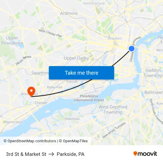 3rd St & Market St to Parkside, PA map