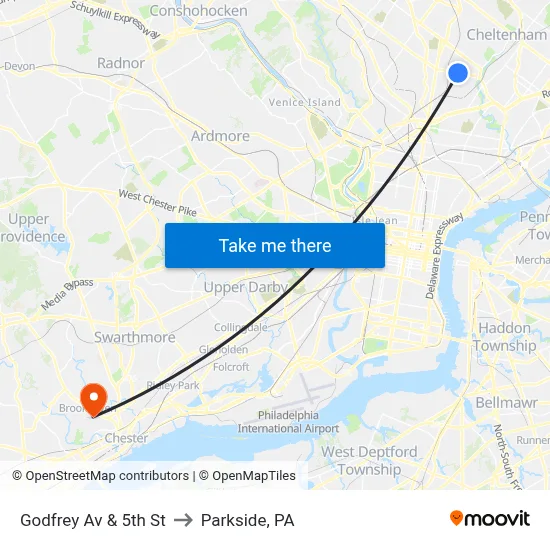 Godfrey Av & 5th St to Parkside, PA map